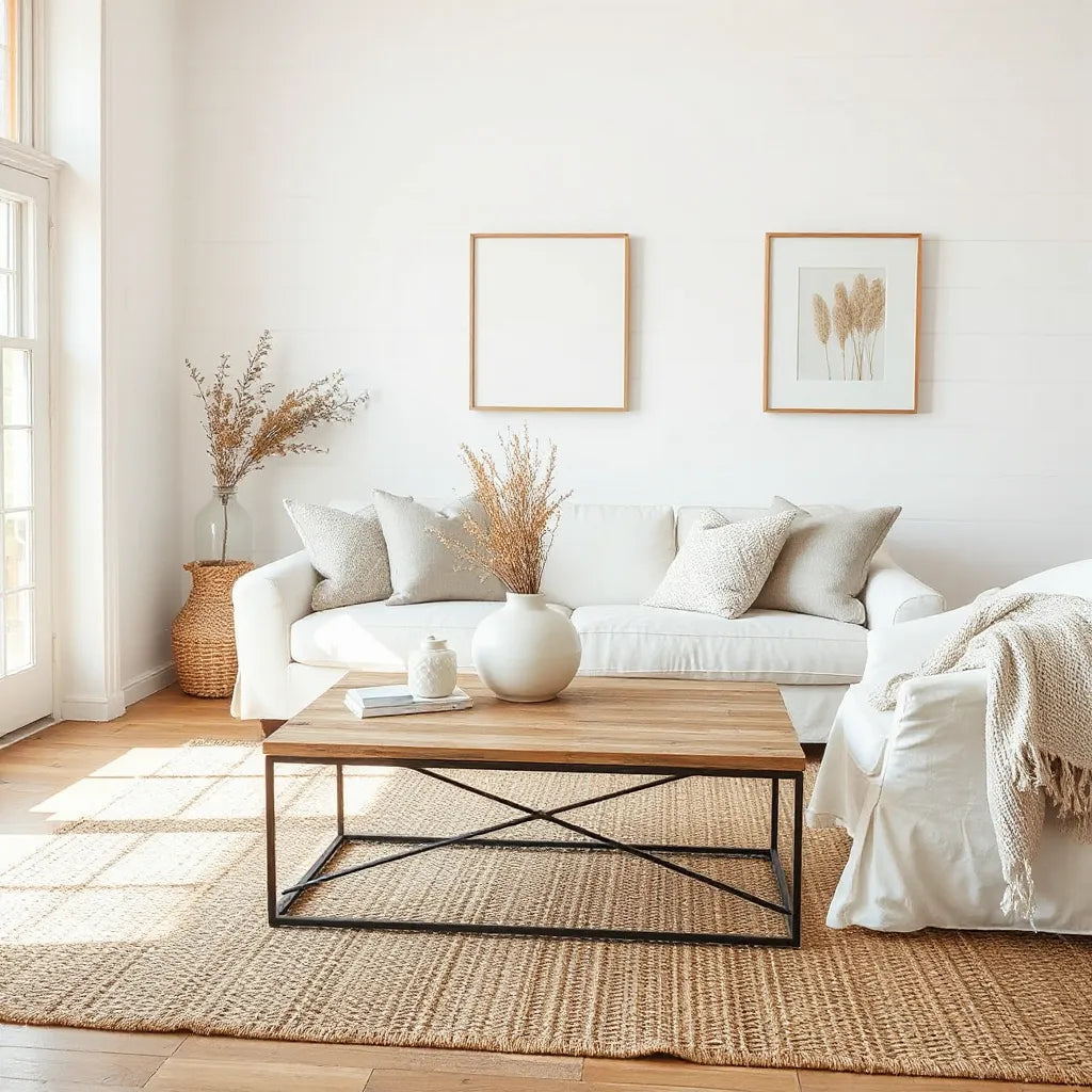 Bright modern farmhouse living room with neutral furniture, woven rug, wood table, and minimal wall decor