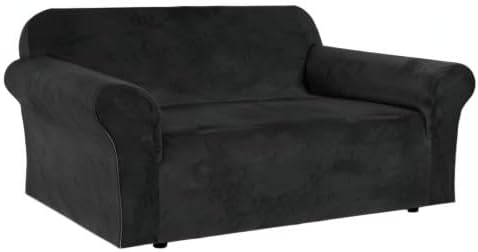 H.VERSAILTEX Stretch Velvet Loveseat Covers for 2 Cushion Couch Covers for Living Room Sofa Covers Slipcovers with Non Slip Straps Bottom, Ultra Thick Comfy Velour (Width 58"-72", Black)