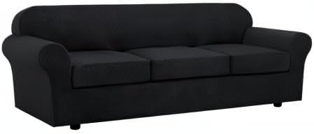 H.VERSAILTEX 4 Piece Stretch Sofa Covers for 3 Cushion Couch Covers for Living Room Furniture Slipcovers (Base Cover Plus 3 Seat Cushion Covers) Upgraded Thicker Jacquard Fabric (XL Sofa, Black)