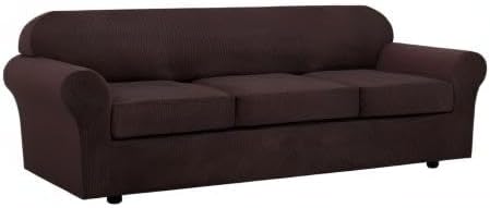 H.VERSAILTEX 4 Piece Stretch Sofa Covers for 3 Cushion Couch Covers for Living Room Furniture Slipcovers (Base Cover Plus 3 Seat Cushion Covers) Upgraded Thicker Jacquard Fabric (XL Sofa, Chocolate)