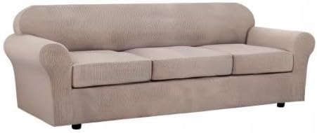 4 Piece Stretch Sofa Covers for 3 Cushion Couch Covers Furniture Slipcovers (1 Base Cover Plus 3 Seat Cushion Covers) Thicker Jacquard Fabric Cover (XL Sofa, Khaki Sand)