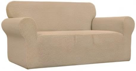 Easy-Going Stretch Loveseat Slipcover 1-Piece Sofa Cover Furniture Protector Couch Soft with Elastic Bottom for Kids Polyester Spandex Jacquard Fabric Small Checks (Loveseat, Sand)