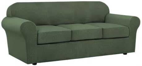 H.VERSAILTEX 4 Piece Stretch Sofa Covers for 3 Cushion Couch Covers for Living Room Furniture Slipcovers (Base Cover Plus 3 Seat Cushion Covers) Upgraded Thicker Jacquard Fabric (Sofa, Bronze Green)
