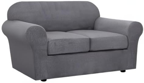 H.VERSAILTEX 3 Piece Stretch Sofa Covers for 2 Cushion Loveseat Couch Covers for Living Room Furniture Cover (Base Cover Plus 2 Seat Cushion Covers) Thicker Jacquard Fabric(Medium Sofa, Grey)