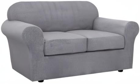 H.VERSAILTEX 3 Piece Stretch Sofa Covers for 2 Cushion Loveseat Couch Covers for Living Room Sofa Slipcovers (Base Cover Plus 2 Seat Cushion Covers) Thicker Jacquard Fabric(Medium Sofa, Dove)