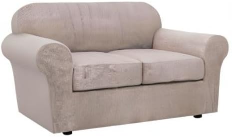 H.VERSAILTEX 3 Piece Stretch Sofa Covers for 2 Cushion Loveseat Couch Covers for Living Room Furniture Cover (Base Cover Plus 2 Seat Cushion Covers) Thicker Jacquard Fabric(Medium Sofa, Sand)