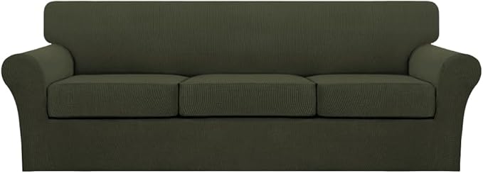 Turquoize 4 Piece Sofa Covers for 3 Cushion Couch Sofa Slipcover Soft Couch Cover for Dogs Washable Furniture Cover with 3 Individual Large Cushion Covers Feature Fabric (Large Sofa, Olive)