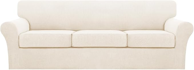 Turquoize 4 Piece Sofa Covers for 3 Cushion Couch Sofa Slipcover Soft Couch Cover for Dogs Washable Furniture Cover with 3 Individual Large Cushion Covers Feature Fabric (Large Sofa, Cream)