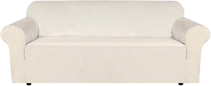 H.VERSAILTEX Stretch Velvet Sofa Covers for 3 Cushion Couch Covers Furniture Protector Soft with Non Slip Elastic Bottom, Crafted from Thick Comfy Rich Velour (Large Sofa 90"-97", Ivory)
