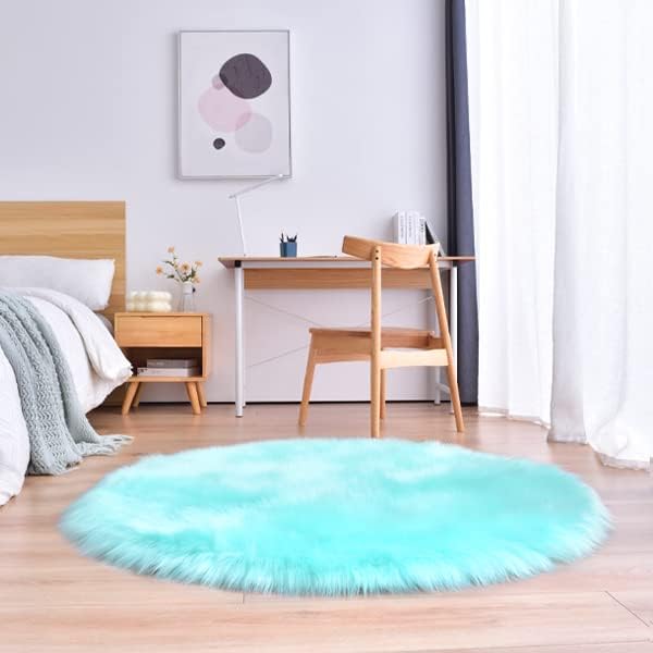 duduta Turquoise Blue Faux Sheepskin Round Rug 4x4 ft, Fluffy Shag Fur Bedroom Nursery Kids Playroom Rug Dorm Decor Non Slip Washable