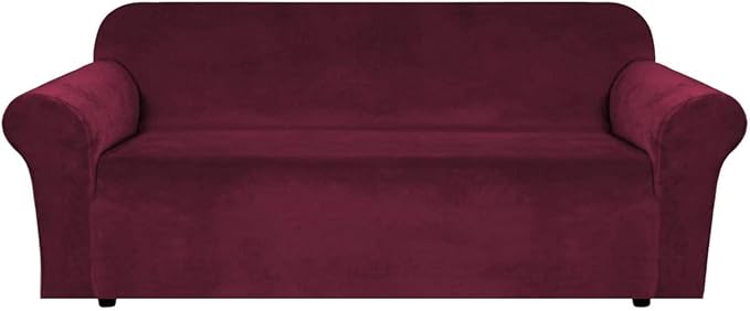H.VERSAILTEX Stretch Velvet Sofa Covers for 3 Cushion Couch Covers Sofa Slipcovers Furniture Protector Soft with Non Slip Elastic Bottom, Crafted from Thick Comfy Rich Velour (Sofa 72"-90", Burgundy)