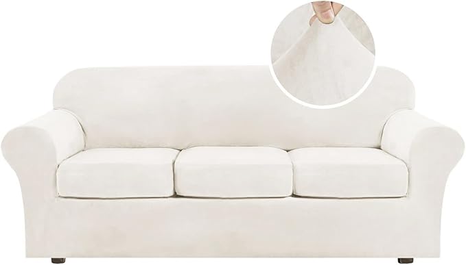 H.VERSAILTEX Modern Velvet Plush 4 Piece High Stretch Sofa Slipcover Sofa Cover Furniture Protector Form Fit Thick Velvet Sofa Cover for 3 Cushion Couch Width Up to 90 Inch (Sofa, Porcelain White)