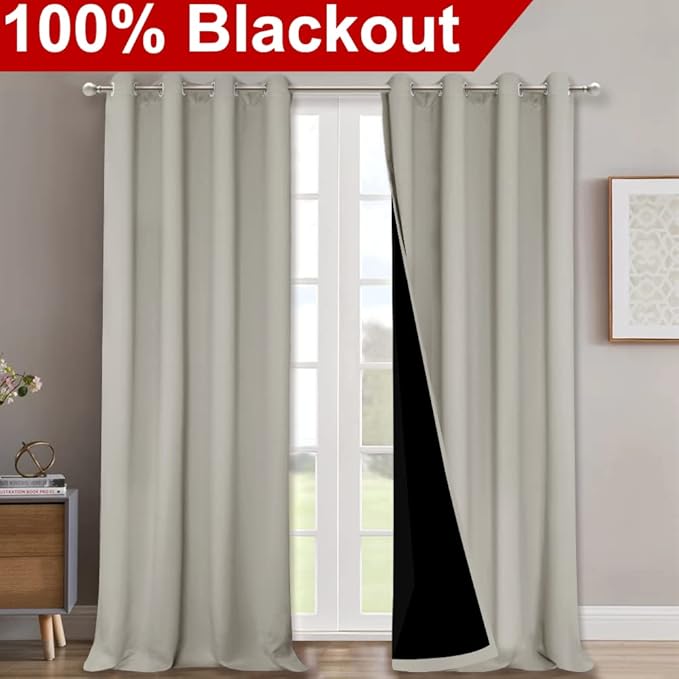 NICETOWN 100% Blackout Blinds, Set of 2, 46" x 102", Natural, Laundry Room Decor Window Treatment Curtains for Large Patio Sliding Door, Thermal Insulated Curtains for Bedroom