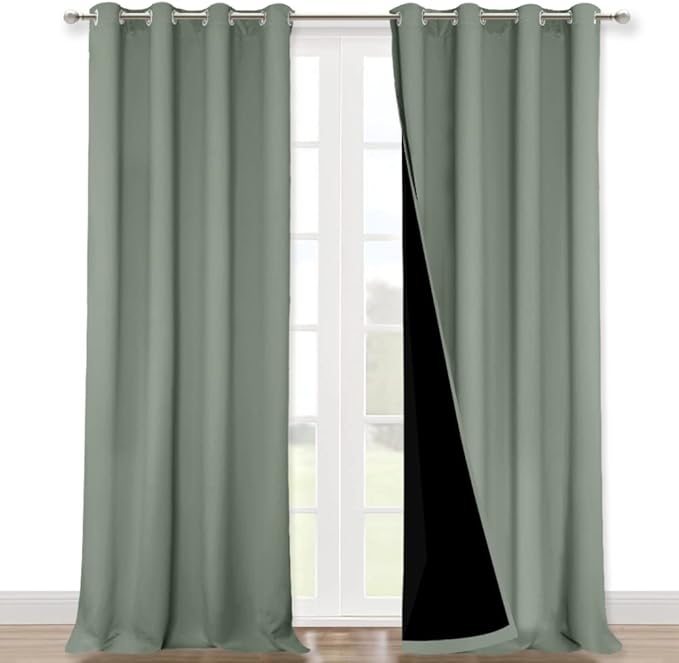 NICETOWN 100% Blackout Blinds, Set of 2, 46" x 102", Greyish Green, Laundry Room Decor Window Treatment Curtains for Large Patio Sliding Door, Thermal Insulated Curtains for Bedroom