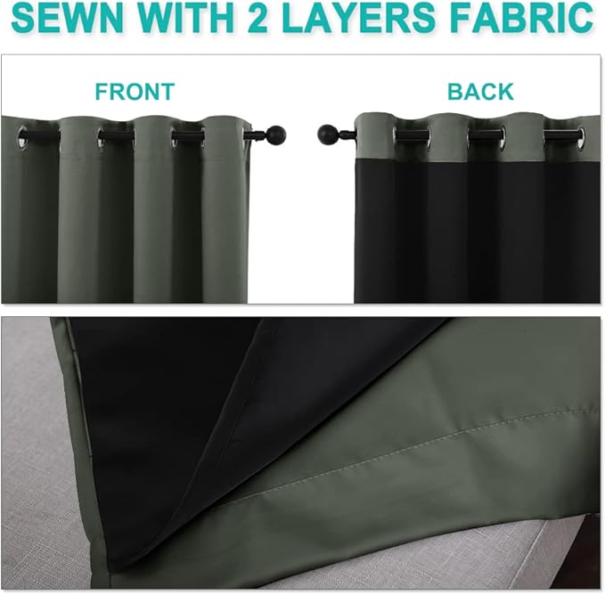 NICETOWN Dark Mallard Blackout Curtains 90 inches Long, Full Light Blocking Drapes with Black Liner for Nursery, Thermal Insulated Draperies for Hall, Villa (2 Pieces, 46" Wide per Panel)