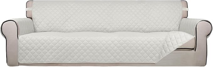 PureFit Reversible Quilted Sofa Cover, Water Resistant Slipcover Furniture Protector, Washable Couch Cover with Non Slip and Elastic Straps for Kids, Dogs, Pets (XX Large, Ivory/Ivory)