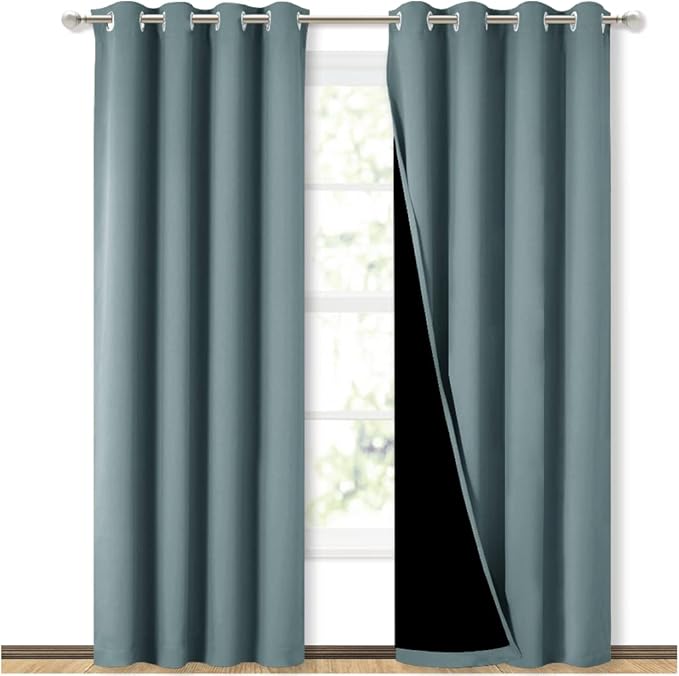 NICETOWN 100% Blackout Curtains 84 inches Long, Pair of Energy Smart & Noise Blocking Out Drapes for Baby Room Window, Thermal Insulated Guest Room Lined Window Dressing(Greyish Blue, 52 inches Wide)