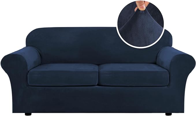 H.VERSAILTEX Real Velvet Plush 3 Piece Stretch Sofa Covers Couch Covers for 2 Cushion Couch Sofa Slipcovers Width Up to 90 Inch Feature Thick Soft Stay in Place (Large Sofa, Navy)