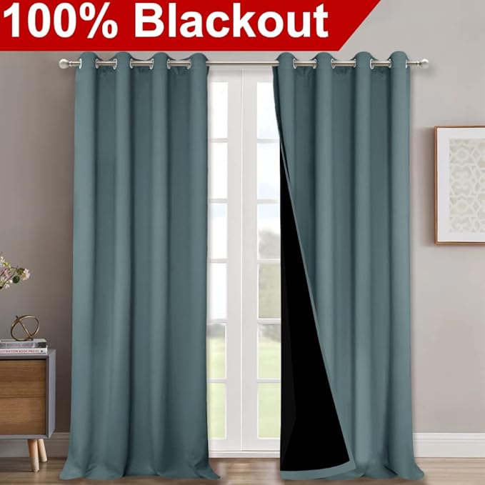 NICETOWN 100% Blackout Blinds, Set of 2, 46" x 96", Greyish Blue, Laundry Room Decor Window Treatment Curtains for Large Patio Sliding Door, Thermal Insulated Curtains for Bedroom