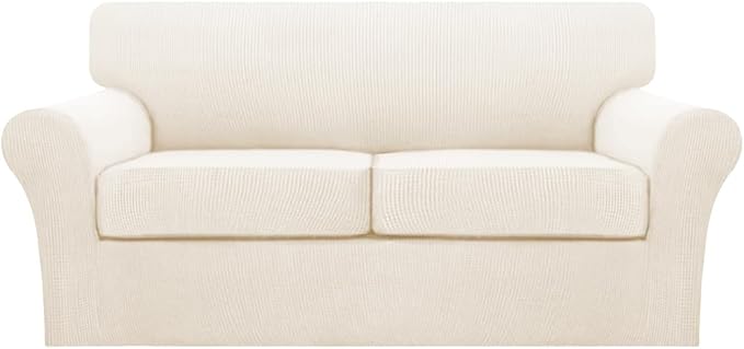 Turquoize 3 Piece Sofa Covers for 2 Cushion Couch Sofa Slipcover Soft Couch Cover for Dogs-Washable Furniture Cover with 2 Individual Covers, Feature Fabric (2 Cushion Sofa, Cream)