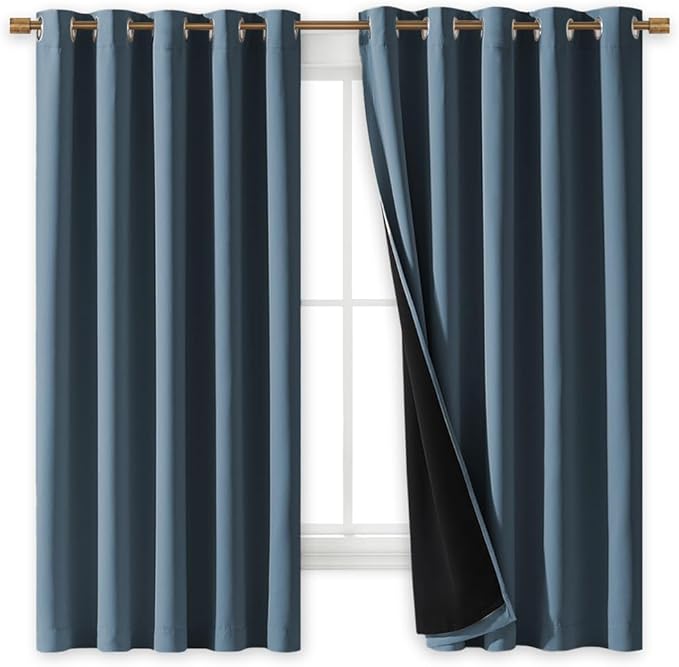 NICETOWN 100% Blackout Lined Curtains, Smoky Blue, 1 Pair, 70" Width x 63" Length Each Panel, 2 Thick Layers Completely Blackout Window Treatment Thermal Insulated Drapes for Kitchen/Bedroom