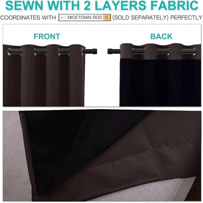 NICETOWN Complete 100% Blackout Curtains, Thermal Insulated & Energy Efficiency Window Draperies with Black Liner, Noise Reducing Short Curtains for Kids Room (Brown, 52-inch W by 63-inch L, 2 Panels)