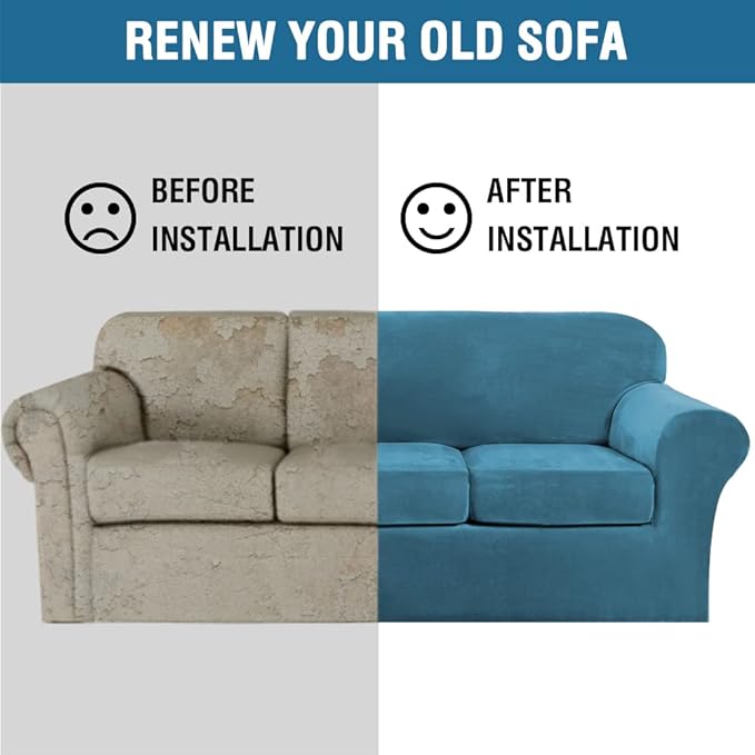 H.VERSAILTEX Velvet 4 Piece High Stretch Sofa Slipcover Cover Furniture Protector Form Fit Thick Velvet Extra Large Sofa Cover for 3 Cushion Couch Width Up to 105 Inch (XL Sofa, Peacock Blue)