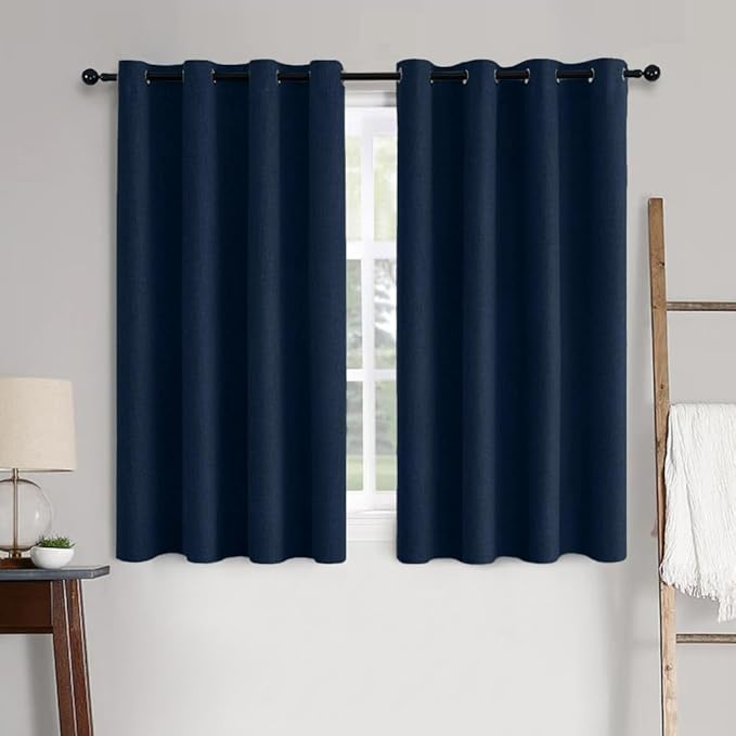 MIULEE Linen Textured Curtains Solid 100% Blackout for Bedroom Thermal Insulated Midnight Blue Grommet Room Darkening Curtains & Drapes Luxury Decor for Living Room Nursery 52 x 72 Inch (2 Panels)