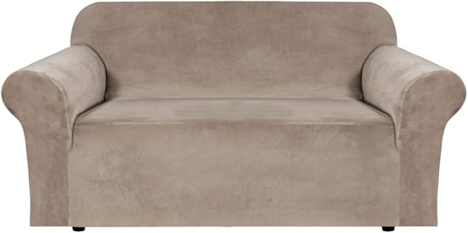 H.VERSAILTEX Stretch Velvet Loveseat Covers for 2 Cushion Couch Covers for Living Room Sofa Covers Slipcovers with Non Slip Straps Bottom, Ultra Thick Comfy Velour (Width 58"-72", Taupe)