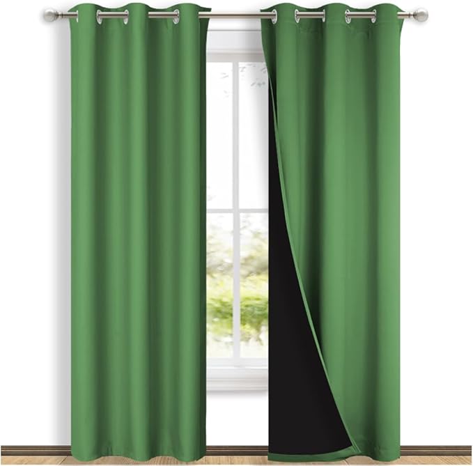 NICETOWN Forest Green Full Shade Curtain Panels, 37" Wide x 80" Long, Gray, Pair of Thermal Insulated & Energy Efficiency Blackout Drapes for Living Room, Lined Silky Performance Window Dressing