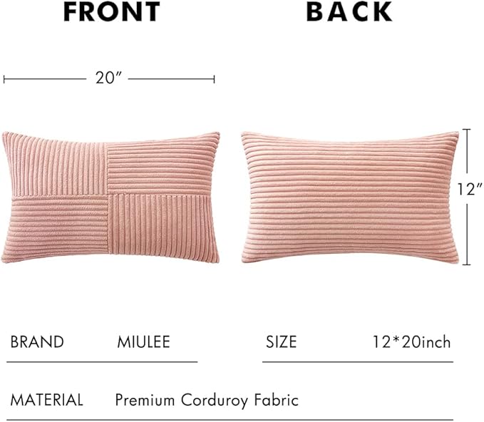 MIULEE Pink Decorative Lumbar Throw Pillow Covers 12x20 Inch for Couch Bed Sofa Valentines Day Pack of 2 Boho Farmhouse Throw Pillows Soft Cross Corduroy Patchwork Textured Cushion Cases