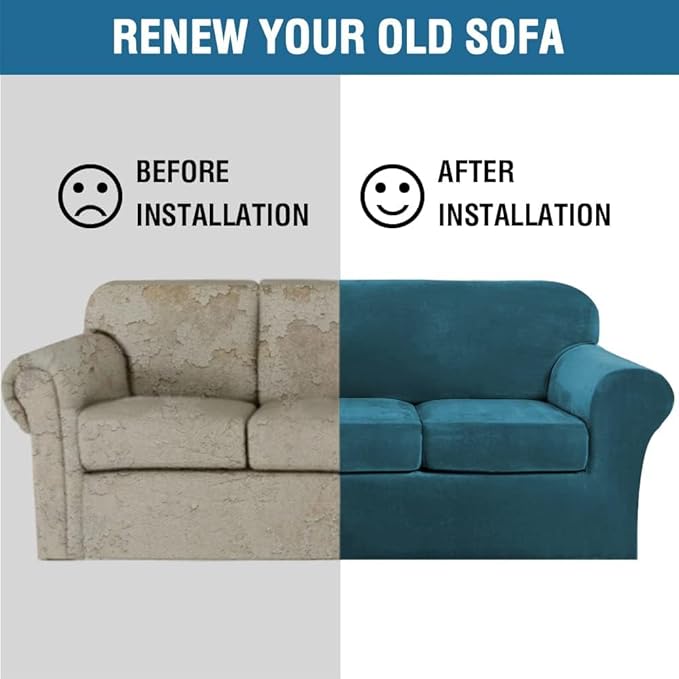 H.VERSAILTEX High Stretch Sofa Slipcover 4 Piece Cover Velvet Furniture Protector Form Fit Thick Velvet Extra Large Sofa Cover for 3 Cushion Couch Width Up to 97 Inch (Large Sofa, Deep Teal)