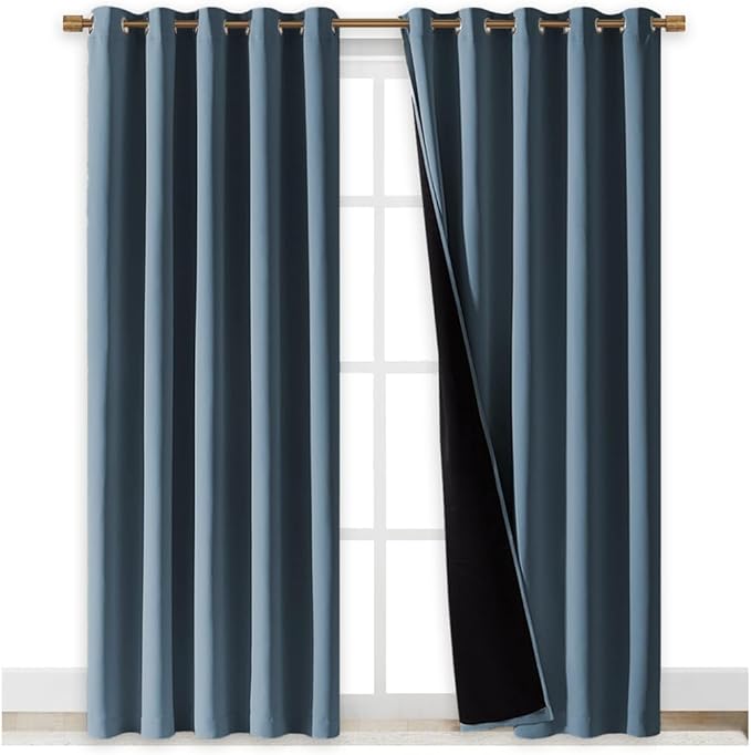NICETOWN 100% Blackout Window Curtain Panels, Smoky Blue, 2 Pieces, 70" Wide Each Panel, Cold and Full Light Blocking Drapes with Black Liner for Nursery, 84" Drop Thermal Insulated Draperies