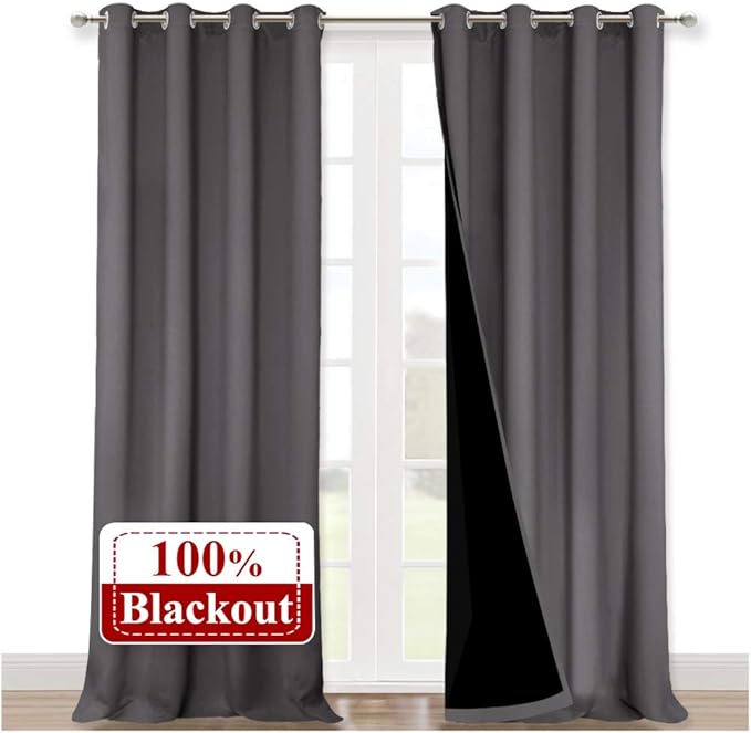 NICETOWN 100% Blackout Blinds, Set of 2, 52 inches x 102 inches, Laundry Room Decor Window Treatment Curtains for Large Patio Sliding Door, Thermal Insulated Grey Curtains for Bedroom