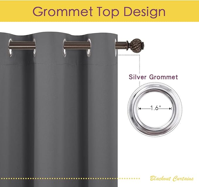 NICETOWN Grey Blackout Curtain Panels for Bedroom, Thermal Insulated Grommet Top Blackout Draperies and Drapes for Basement (2 Panels, W70 x L63-inch, Grey)