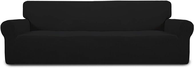 Easy-Going Stretch 4 Seater Sofa Slipcover 1-Piece Sofa Cover Furniture Protector Couch Soft with Elastic Bottom for Kids, Polyester Spandex Jacquard Fabric Small Checks Black