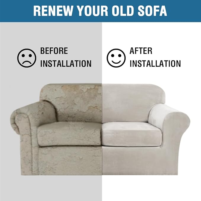H.VERSAILTEX Real Velvet Plush 3 Piece Stretch Sofa Covers Couch Covers for 2 Cushion Couch Sofa Slipcovers Width Up to 90 Inch Thick Soft Stay in Place (Large Sofa, Oatmeal)