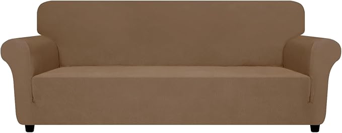 ZNSAYOTX Oversized Super Stretch Couch Cover (92"-115"), New Striped Sofa Covers Comfortable & Durable, Dog Cat Pets Friendly Extra Large Spandex Sofa Slipcovers (Light Coffee, XL Sofa)