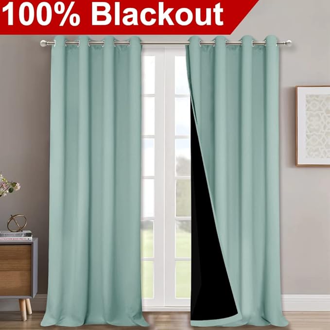 NICETOWN Aqua Blue 100% Blackout Curtains for Windows, Super Heavy-Duty Black Lined Total Darkness Drapes for Bedroom, Privacy Assured Window Treatment for Patio (2 PCs, 52 inches W x 108 inches L)