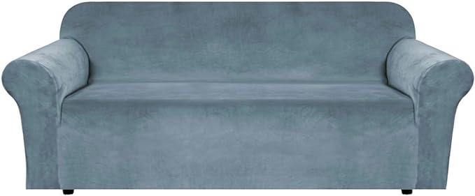 H.VERSAILTEX Stretch Velvet Sofa Covers for 3 Cushion Couch Covers Sofa Slipcovers Furniture Protector Soft with Non Slip Elastic Bottom, Crafted from Comfy Rich Velour (Sofa 72'-90', Stone Blue)