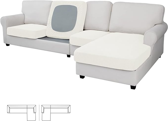 Easy-Going Stretch 4 Pieces Couch Cushion Covers for Sectional Sofa Left/Right L Shape Chaise Lounge Sofa Seat slipcover Anti-Slip Sofa Cover Soft (3 Seater + 1 Chaise, Cream)