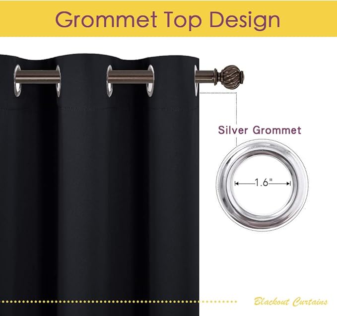 NICETOWN Living Room Blackout Curtains and Drapes, 2 Panels, 42 inches Wide by 60 inches Long, Black Solid Thermal Insulated Grommet Blackout Drapery Panels for Window