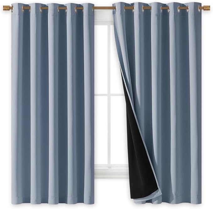 NICETOWN 100% Blackout Lined Curtains, Vintage Blue, 1 Pair, 70" Width x 63" Length Each Panel, 2 Thick Layers Completely Blackout Window Treatment Thermal Insulated Drapes for Kitchen/Bedroom