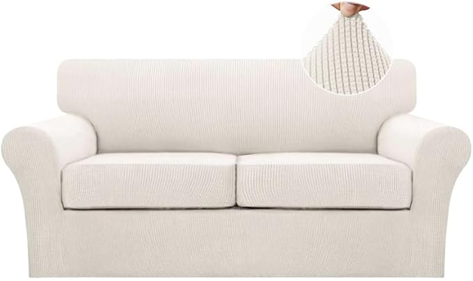 Turquoize 3 Piece Sofa Covers For 2 Cushion Couch Sofa Slipcover Soft Couch Cover For Dogs-Washable Sofa Furniture Covers With 2 Individual Cushion Covers, Feature Thick Fabric (2 Cushion Sofa, Ivory)