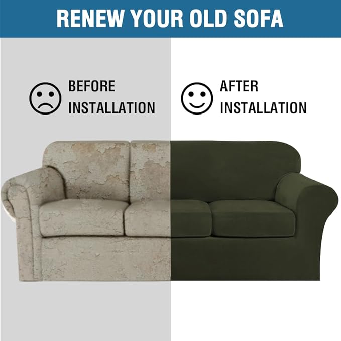 H.VERSAILTEX Modern Velvet Plush 4 Piece High Stretch Sofa Slipcover Sofa Cover Furniture Protector Form Fit Thick Velvet Sofa Cover for 3 Cushion Couch Width Up to 90 Inch (Sofa, Olive)