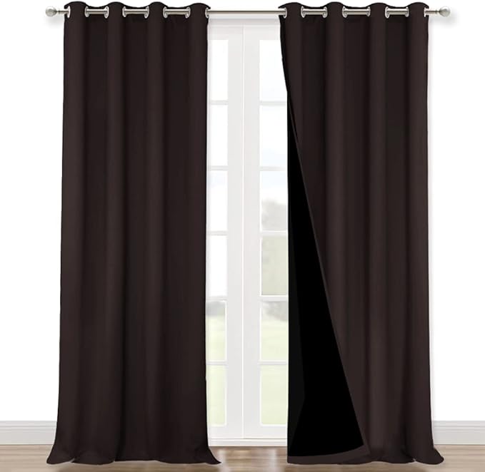 NICETOWN Cold Blocking 100% Blackout Curtains, Durable Black Lined Blackout Curtains for Bedroom, Energy Saving Long Curtains for Patio Sliding Glass Door, Brown, 52 inches x 95 inches, 2 Panels