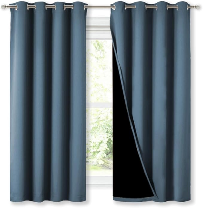 NICETOWN 100% Blackout Curtains with Black Liners, Smoky Blue, 2 Panels, 52-inch W by 63-inch L, Thermal Insulated Full Blackout 2-Layer Lined Drapes, Energy Efficiency Window Draperies for Bedroom