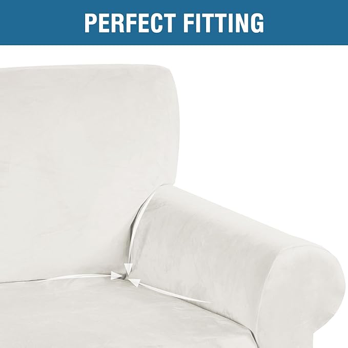 H.VERSAILTEX Stretch Velvet Sofa Covers for 3 Cushion Couch Covers Furniture Protector Soft with Non Slip Elastic Bottom, Crafted from Thick Comfy Rich Velour (Sofa 72"-90", Porcelain White)