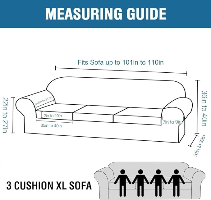 H.VERSAILTEX 4 Piece Stretch Sofa Covers for 3 Cushion Couch Furniture Slipcovers for Living Room (1 Base Cover Plus 3 Seat Cushion Covers) Jacquard Fabric Cover (XL Sofa, Porcelain White)