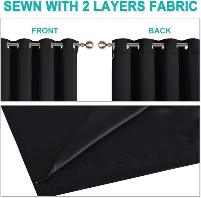 NICETOWN Black 100% Blackout Curtains 45 inches Length, 2 Thick Layers Completely Blackout Window Treatment Thermal Insulated Lined Drapes for Basement Window (1 Pair, 42 inches Width Each Panel)